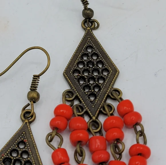 Handmade Czech Glass Beaded Brass Chandelier Earrings Vintage, 3.5" - Picture 3 of 9